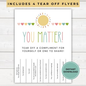 Positieve affirmaties voor kinderen, afscheurflyer, afscheurcomplimenten, prikbord klaslokaal, prikborddecor, schoolbegeleider, boho