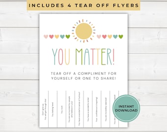 Positive Affirmations for Kids, Tear Off Flyer, Tear Off Compliments, Classroom Bulletin Board, Bulletin Board Decor, School Counselor, Boho