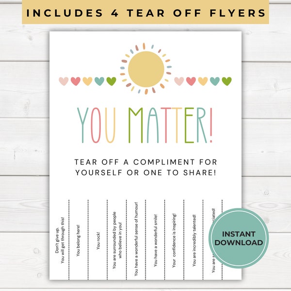 Positive Affirmations for Kids, Tear Off Flyer, Tear Off Compliments, Classroom Bulletin Board, Bulletin Board Decor, School Counselor, Boho