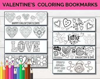 Printable Valentine's Coloring Bookmarks, Valentine Coloring Pages, Valentines Day activity,  Unique Bookmark,  Instant Download