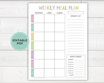 Bewerkbare wekelijkse maaltijdplanner, boodschappenlijst, budgettracker (pdf)