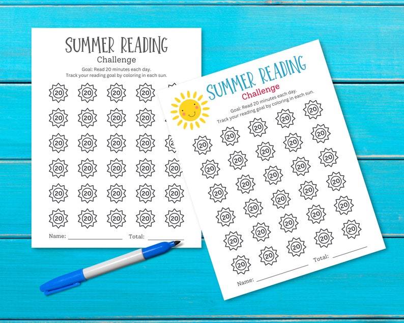 Printable summer reading tracker.Color in each sun every 20 minutes reading, to reach reading goal.