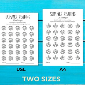 Two sizes of the printable Summer reading challengebog log in US letter and A4 sizes.