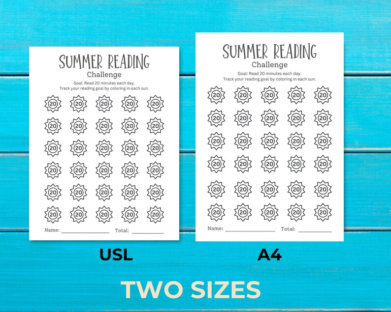 Two sizes of the printable Summer reading challengebog log in US letter and A4 sizes.