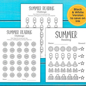 3 Black and white reading trackers for kids fanned out with summer theme.