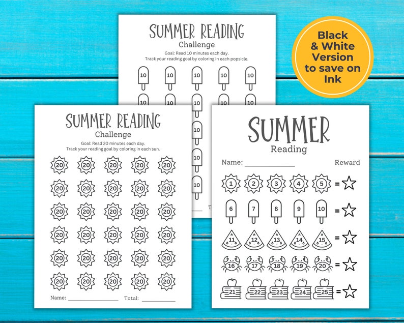 3 Black and white reading trackers for kids fanned out with summer theme.