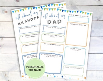 All About My Dad Printable, Dad Questionnaire, Birthday Gift Idea for Dad, Father's Day Gift,  Bonus Dad Gift, Dad Gift From Kids