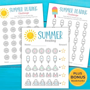 May include: Two printable summer reading challenge charts for kids. The first chart features a sun and has 25 spaces to color in for each 20 minutes of reading. The second chart features a popsicle and has 25 spaces to color in for each 10 minutes of reading. Both charts have a space for a name and a reward section.