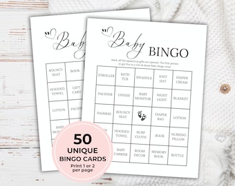 Afdrukbare babyshower bingoset, 50 minimalistische babybingospelkaarten, babyshowerspellen, voorgevulde babybingospel, babycadeauspel,
