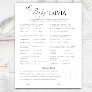 Minimalist Baby Shower Trivia, Printable Baby Shower Games, Baby Trivia Game, Baby Shower Template, Fun Baby Shower Activity