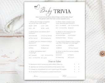 Minimalist Baby Shower Trivia, Printable Baby Shower Games, Baby Trivia Game, Baby Shower Template, Fun Baby Shower Activity