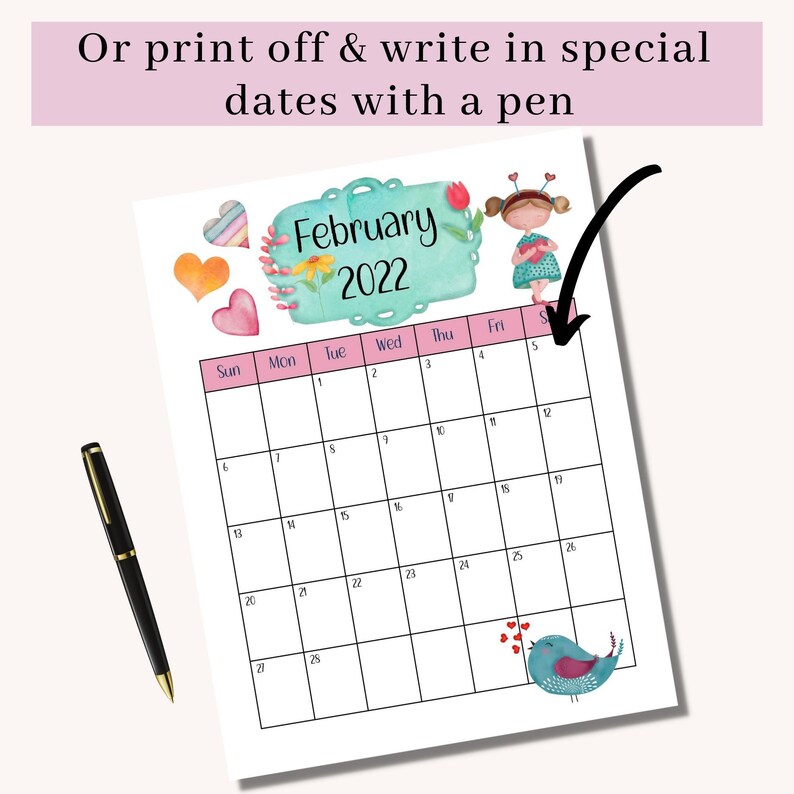 Editable February Calendar February 2022 Cute Heart Calendar | Etsy