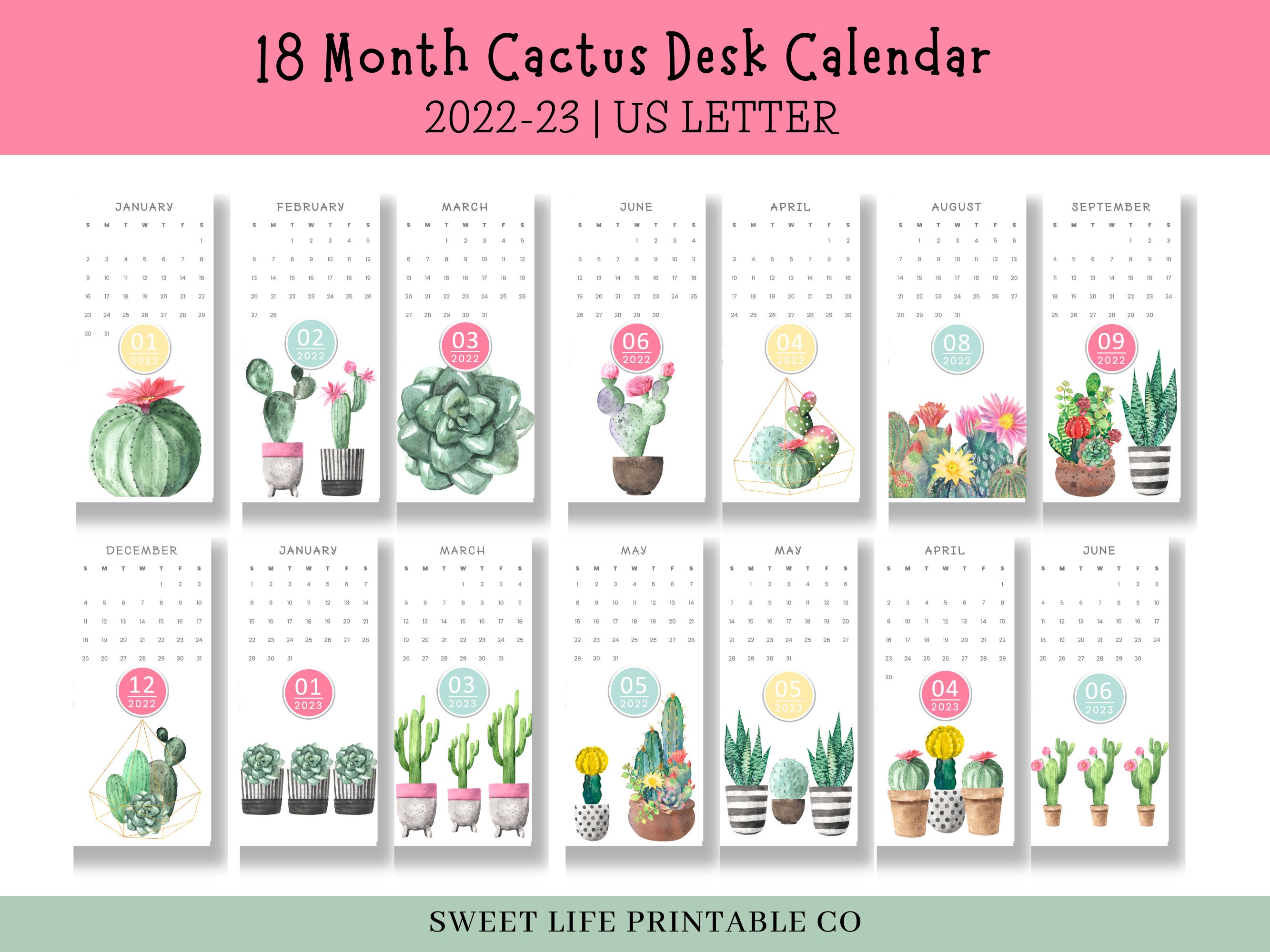 Printable Watercolor Cactus Desk Calendar 18 Month Desk | Etsy Singapore