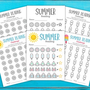 6 kids summer reading trackers fanned out. # in black and white and 3 in color with smiling sun, and popsicle theme.