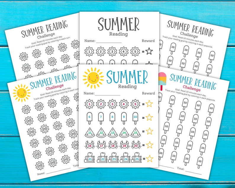 6 kids summer reading trackers fanned out. # in black and white and 3 in color with smiling sun, and popsicle theme.