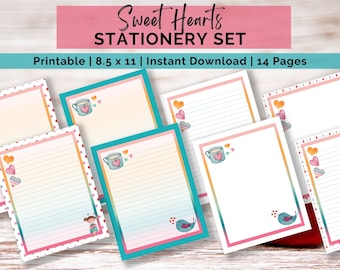 Sweet Heart Stationery Set,  Cute Stationery, Letter Writing Set, Printable Stationery, Valentines, Heart Stationery,  Instant Download