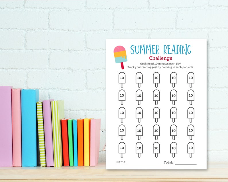 One page Summer Reading log tracker with popsicles. Color in a popsicle for every 10 minutes reading.
