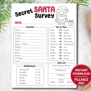 Secret Santa Fragebogen zum ausdrucken, Weihnachtswunschliste zum ausdrucken, Coworker-Geschenkbörse, bearbeitbares Secret Santa-Formular, Secret Santa-Umfrage