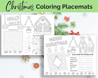 May include: A set of four printable Christmas coloring placemats featuring a gingerbread house, a Christmas tree, a word search puzzle, a maze, and a word scramble activity. The placemats are black and white and ready to be colored.