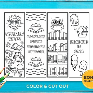 May include: Four printable bookmarks with summer themes. The bookmarks feature illustrations of a sun, a cat in a pool float, a book, an owl, a bookshelf, ice cream cones, and popsicles. The text on the bookmarks reads "Summer Vibes", "Books are where the magic happens", and "Reading is cool".
