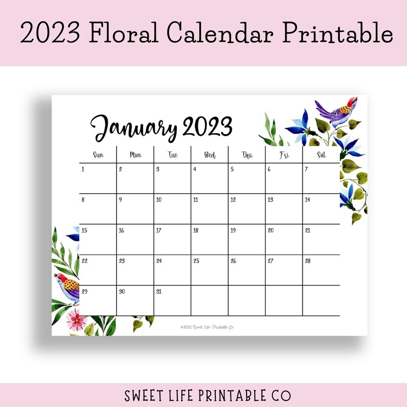 2023 Floral Calendar Wall Calendar Printable Calendar - Etsy