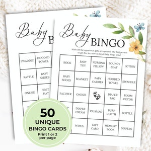 50 carte da gioco Baby Shower Bingo, gioco stampabile Baby Bingo, giochi Baby Shower, gioco regalo per bambini precompilato, fiori di campo, verde