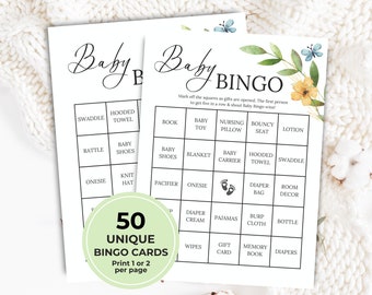 50 Baby Shower Bingo Game Cards, Printable Baby Bingo Game, Baby Shower Games, Prefilled Baby Gift Game, Wildflower, Greenery