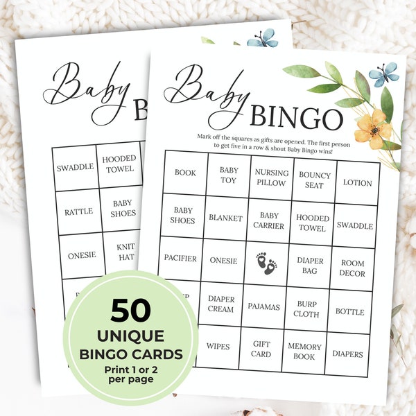 50 Baby Shower Bingo Game Cards, Printable Baby Bingo Game, Baby Shower Games, Prefilled Baby Gift Game, Wildflower, Greenery
