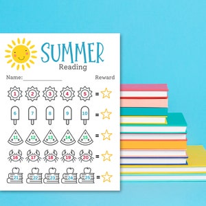Printable reading reward chart for kids with smiling sun, and sun, popsicle, watermelon, crab and books to color as they read.