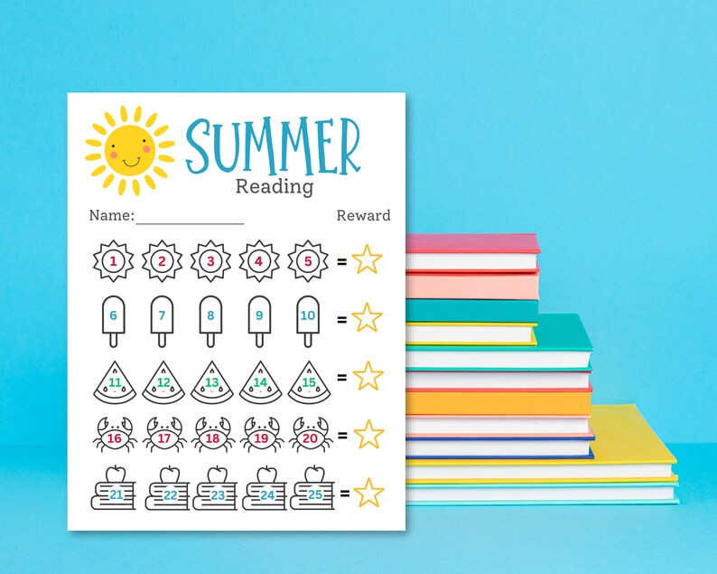 Printable reading reward chart for kids with smiling sun, and sun, popsicle, watermelon, crab and books to color as they read.