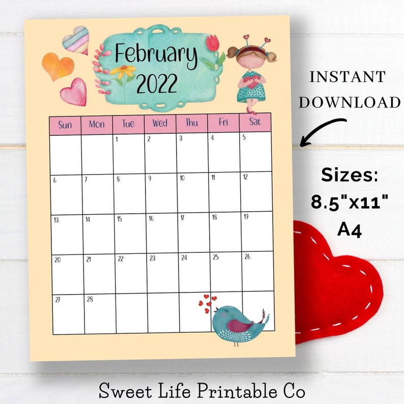 Editable February Calendar February 2022 Cute Heart Calendar | Etsy