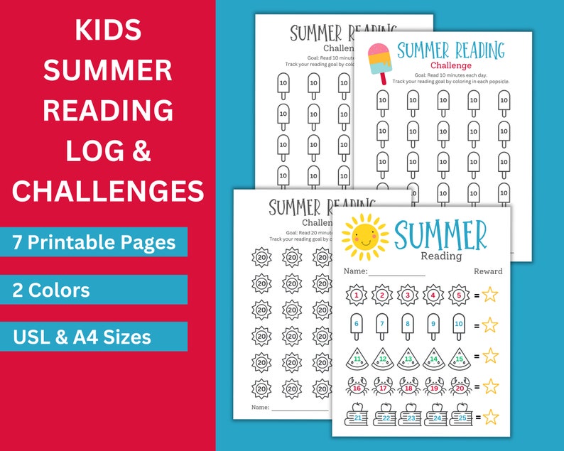 Four summer reading reward charts for kids in black and white and color,with popsicle and sun themes.