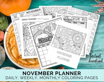 November Undated Planner, November Calendar, Coloring Pages, Fall Printables, Weekly Planner, Daily Planner, Journal Printable, Thanksgiving