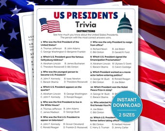 US Presidents Trivia Game, US Presidents Day Trivia, US Election Trivia, Independence Day Games, Presidents Day Game, Patriotic Games