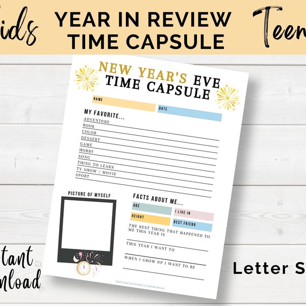 Kids Time Capsule Printable, New Year's Eve Kids Activity,  Kids Year in Review,  Kids Activities, New Year's Eve, Digital Download