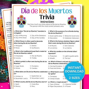 Juego de trivia del Día de los Muertos, juegos imprimibles para maestros, juegos de fiesta mexicanos, Día de los Muertos, noche de trivia, juegos de fiesta de oficina,