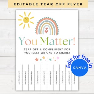 Bewerkbare positieve bevestigingen voor kinderen, je doet ertoe Tear Off Flyer, Tear Off Complimenten, Bulletin Board Decor, School Counselor, Canva