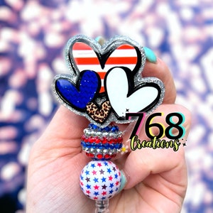 Patriotic Fourth of July Hearts Badge Reel Custom Beaded Badge Reel Interchangeable Retractable,ID Holder,Nurse Gift,Nurse Accessories