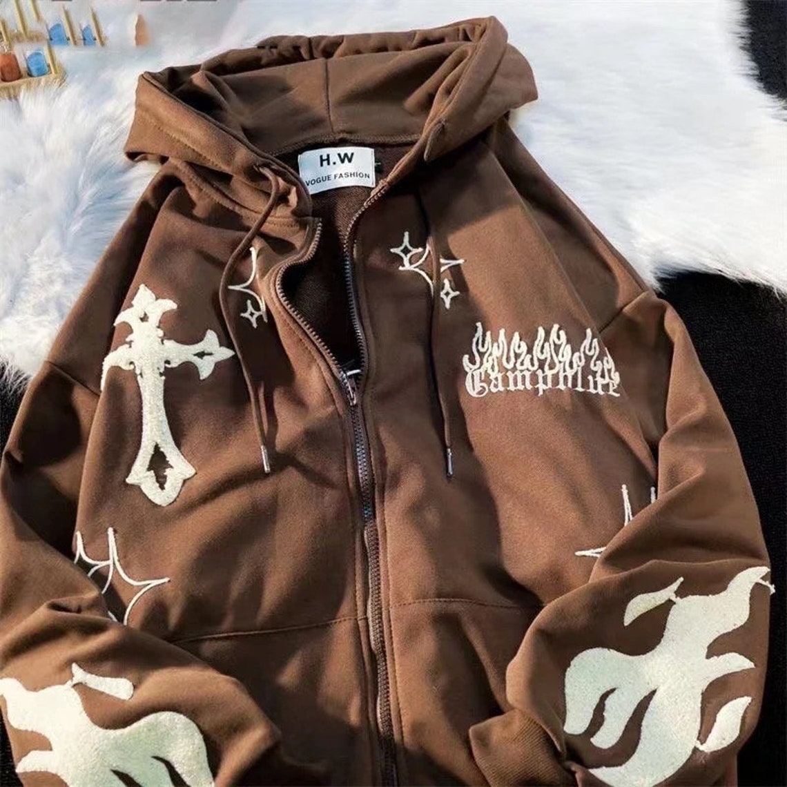 Y2K Goth Cross Zip up Embroidered Hoodie Anime Hoodie Trendy Etsy