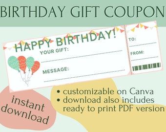 Customizable Birthday Gift Coupon | Editable on Canva | Digital Download | Instant File | Gift Ideas for Birthdays | Gift Card Template
