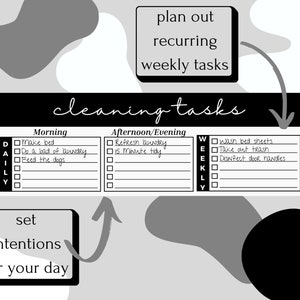 May include: A black and white cleaning tasks planner with sections for daily and weekly chores. The planner includes prompts to "make bed," "do laundry," and "wash bed sheets." Text on the planner reads "plan out recurring weekly tasks" and "set intentions for your day."