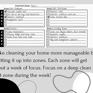 May include: A cleaning checklist with four zones: Kid's Bedroom, Kid's Bathroom, Kitchen, and Laundry Room. Each zone has a list of tasks, such as vacuuming, disinfecting, and cleaning appliances. The text encourages a zone-based cleaning approach.