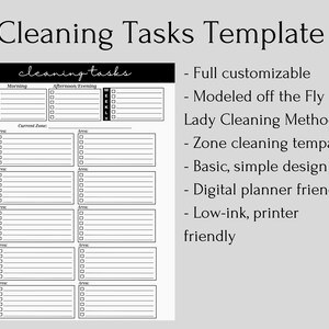 May include: A black and white Cleaning Tasks Template with the title "Cleaning Tasks Template". The template includes sections for daily, weekly, and zone cleaning, with checkboxes for task completion. The design is simple and printer-friendly.