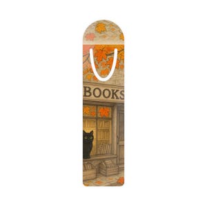 Autumn Cat Bookmark, Cute Black Cat in Bookstore, Literary Gift, Cozy Reading Accessories, Fall Decor
