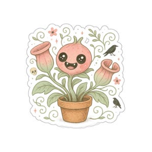 Whimsical Carnivorous Plant Die-Cut Sticker, Vinyl Water Resistant, Cute Plant Lover Gift, Botanical Laptop Decal, Water Bottle Journal Deco