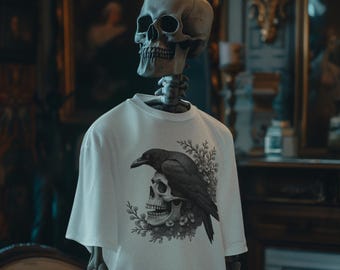 Gothic Skull & Raven T-Shirt, Unisex T-Shirt, Perfekt für Halloween, dunkle Ästhetik, Boho-Stil, Vintage Kunst, Tag der Toten