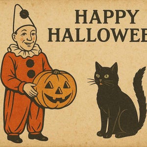 Palhaço de Halloween JOL Gato Preto Estilo Vintage Cartão Postal Cartões de Saudações Assustadores, Arte de Travessuras ou Gostosuras, Colecionáveis de Halloween
