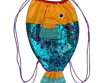 Orange Blue Parrot Fish Reversible Sequin Drawstring Bag