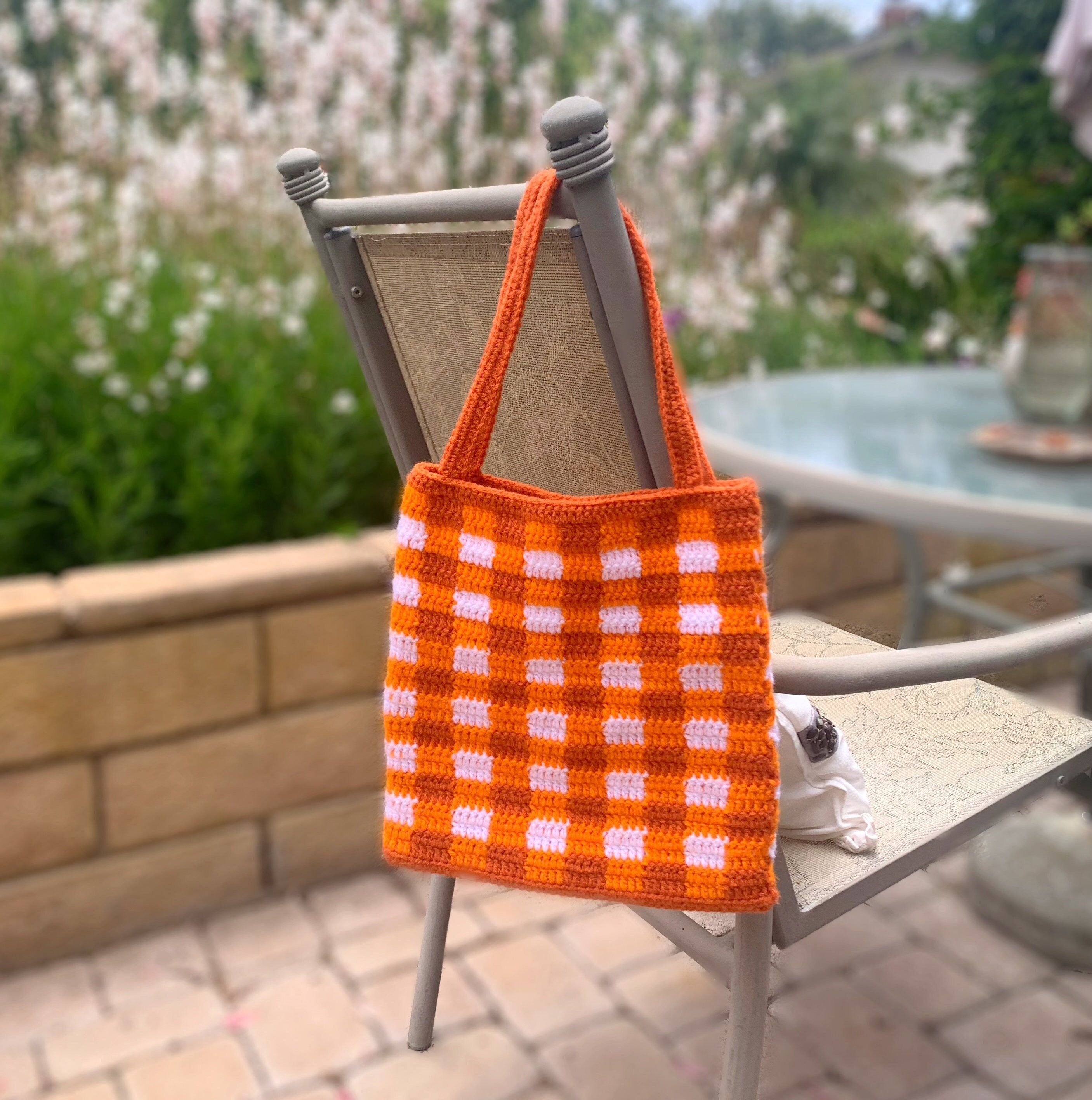 Orange Creamsicle Tote Bag •         cute orange tote, standard tote size in orange and white, cottagecore handmade crochet bag