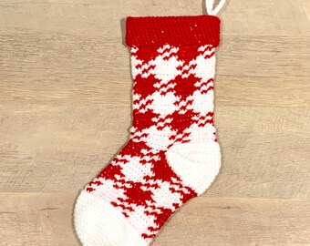 Gingham Christmas Stocking • handmade crochet gingham pattern stocking with hang loop